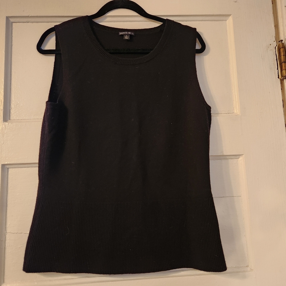Lafayette 148 Sweater, Black Merino Wool Crew Neck Sleeveless, Tank EUC Sz Large